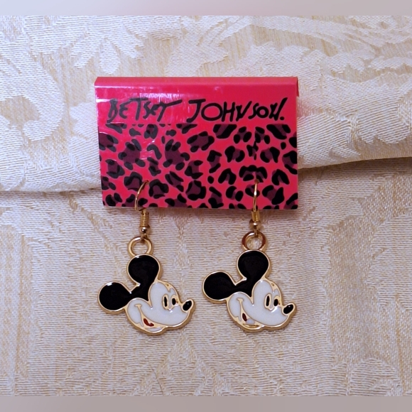"Mickey Mouse" gold drop dangle earrings on French wires, black red white enamel - Picture 2 of 3